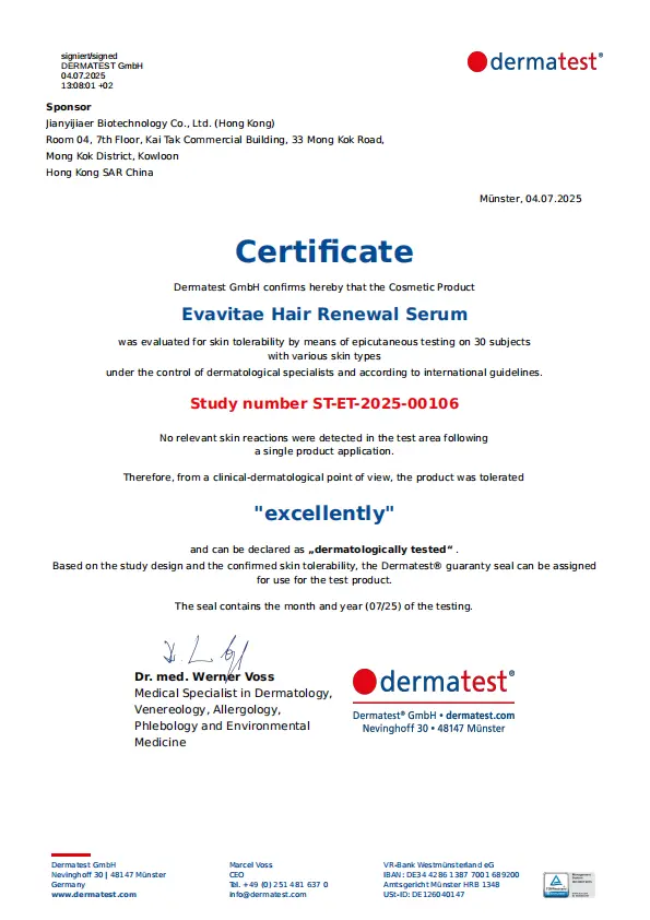 Evavitae Hair Renewal Serum Certificate